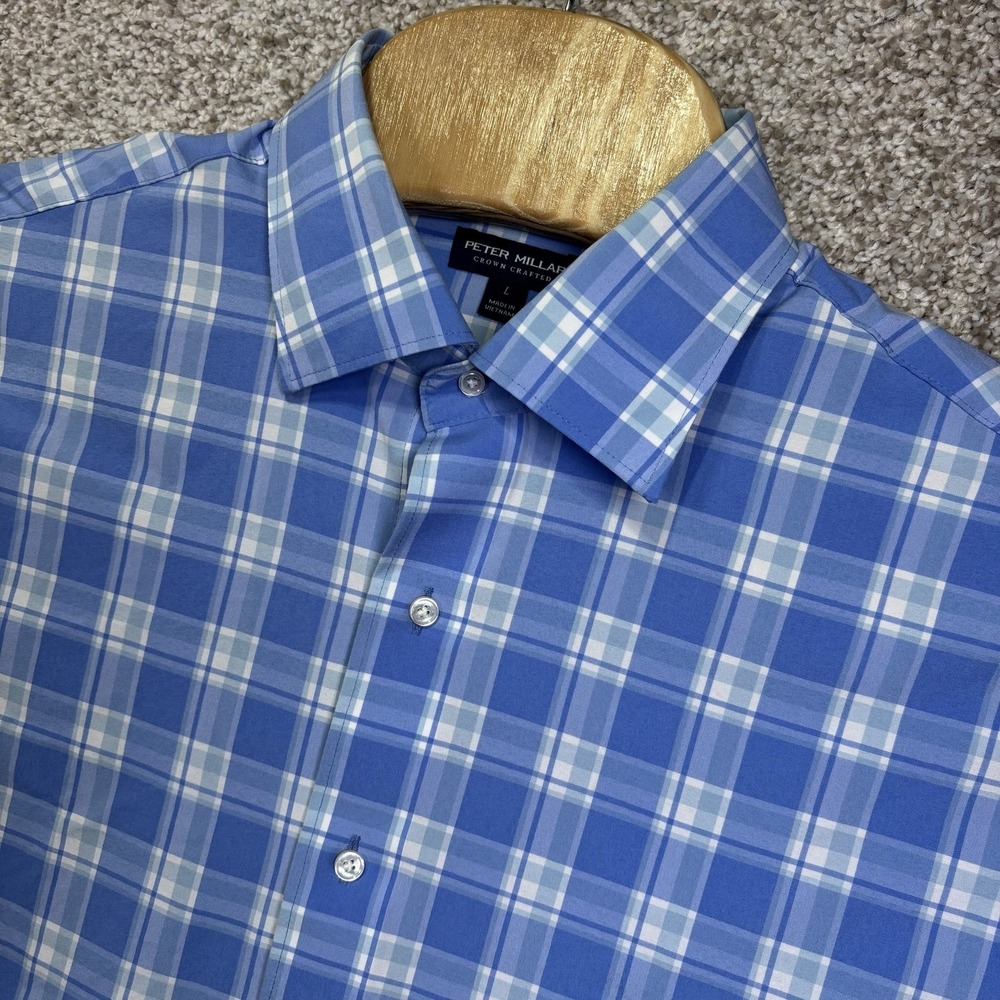 Peter Millar Mens Large Blue Plaid Long Sleeve Dress Shirt Button Up Crafted